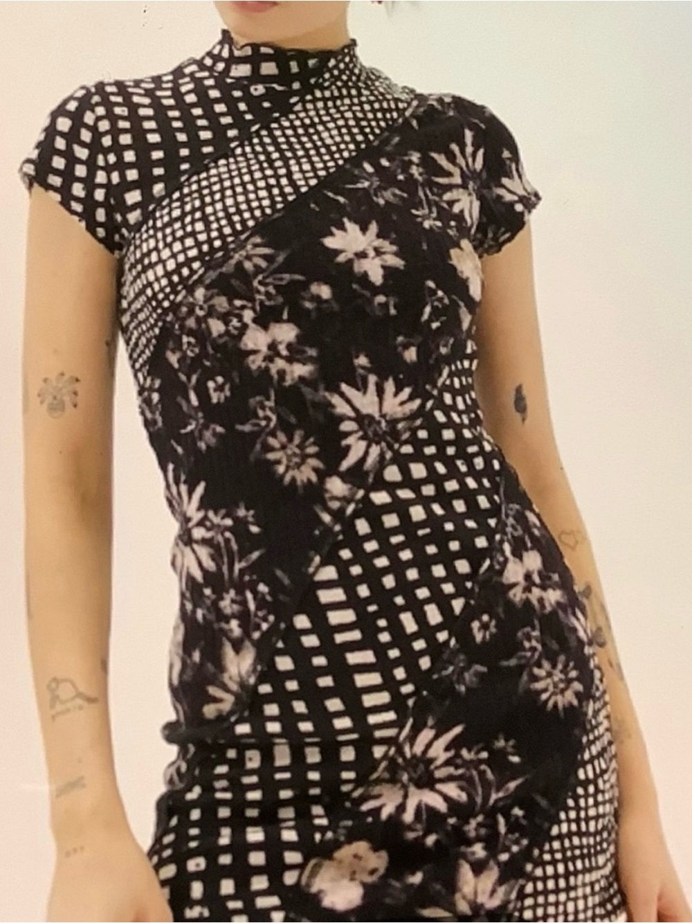 Urban Outfitters Black and Beige Grid Floral Dress